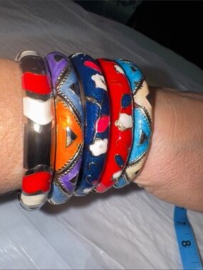 cloisonné enamel bangle bracelets set of 5 multi color hinged vintage